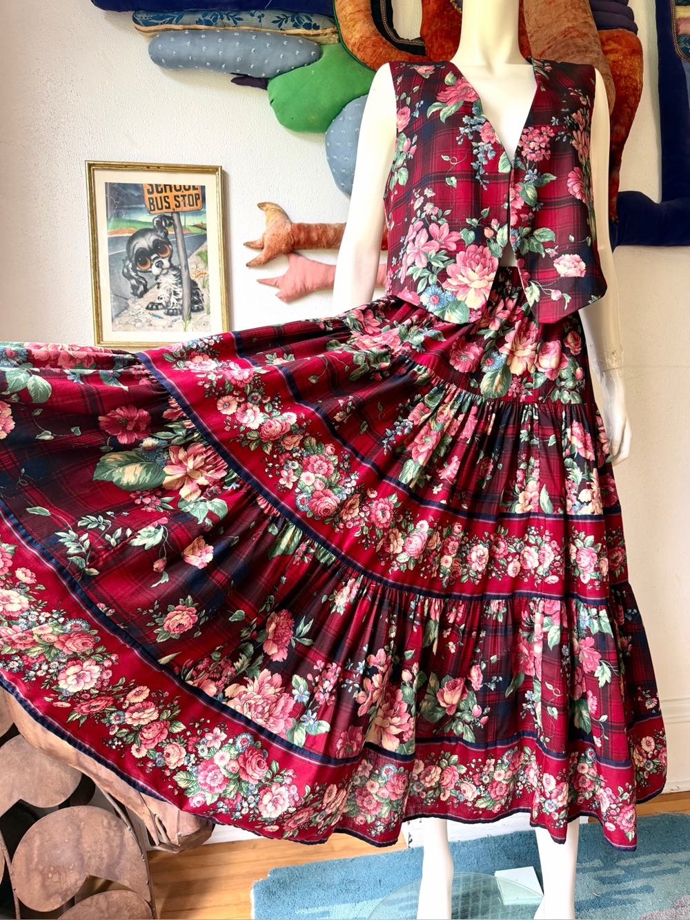 Vintage PRAIRIE SET Two Piece Dress & Vest Ensemble Calico Boho Granny Hugs S